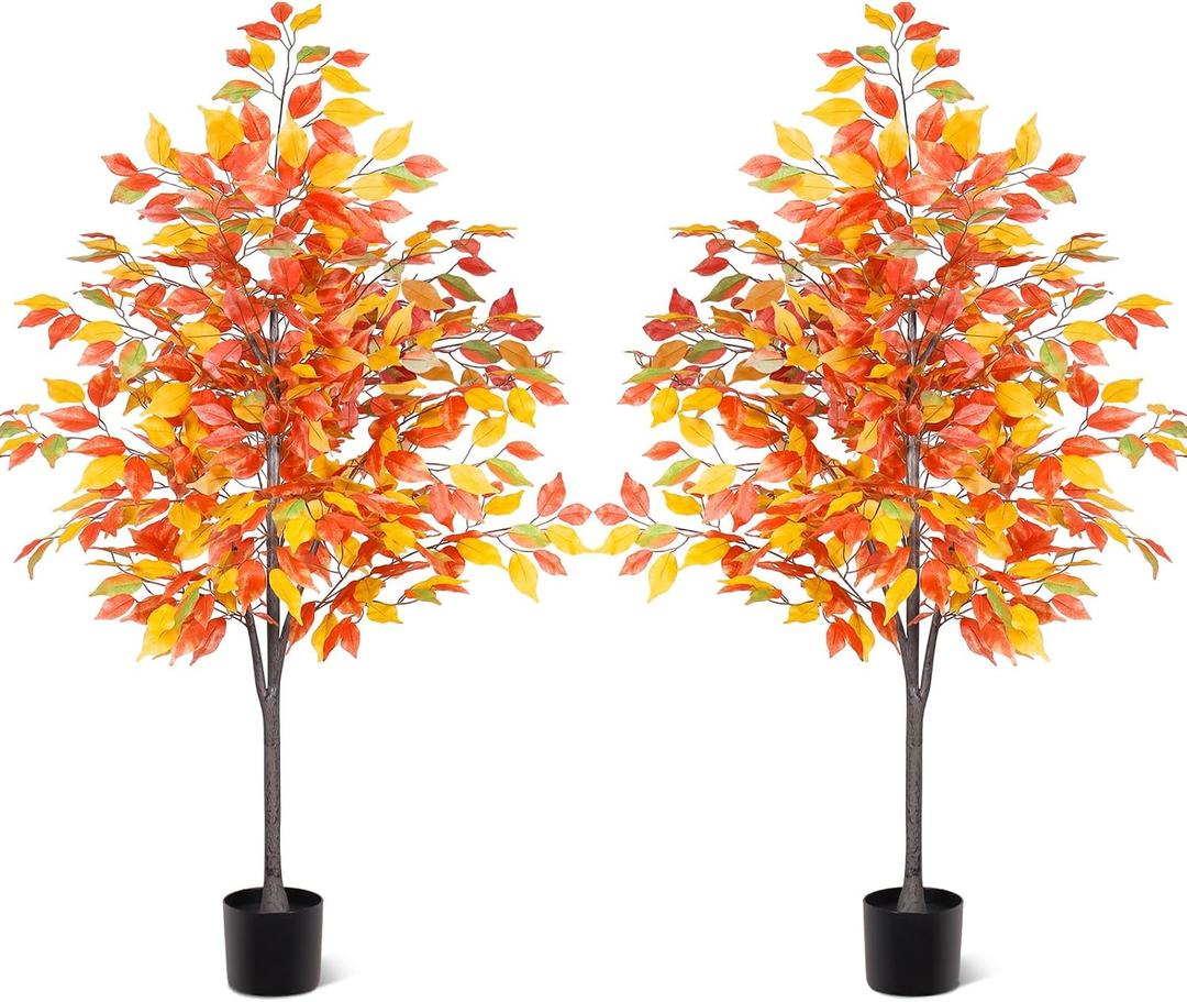 Daifunli 2 Pcs 5ft Fall Tree Autumn Ficus Tree Decor with Pot