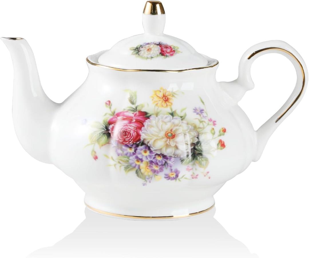 Sweejar Ceramic Teapot with Infuser, Floral Relief Gold Rimmed Teapot, 29 OZ Porcelain Tea Pot for Blooming and Loose Tea, Coffee (Flower Style) 