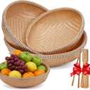 Set of 3 Handwoven Bamboo & Rattan Baskets Woven Bread Basket & Fruit Bowl for Kitchen Counter, Decorative Wicker Tray for Serving Snacks, Pastries & Table Centerpiece