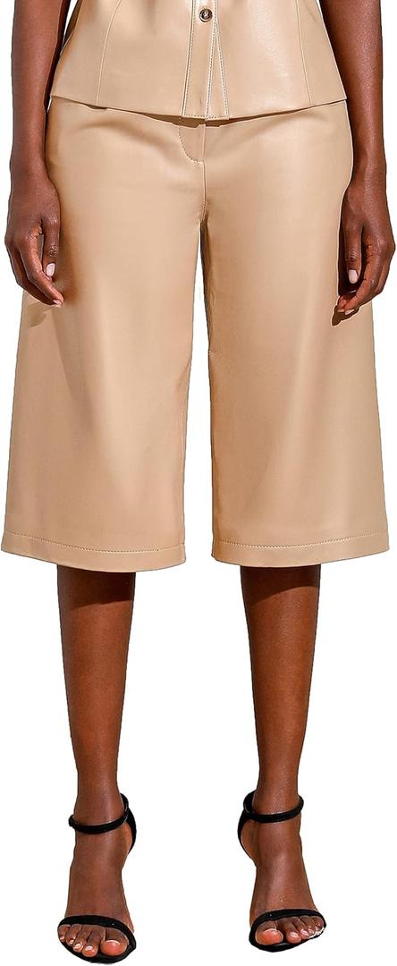 Womens Leather Shorts High Waisted Wide Leg Casual Bermuda Shorts Black SmartUniverseWear (X-Small, Khaki)