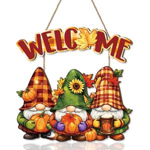 Aurlan Fall Welcome Door Sign,Hello Autumn Gnome Wooden Sign,Rustic Pumpkin Wood Wall Sign,Fall Gnome Wall Decor,Autumn Maple Leaves Door Hanging,Welcome Thanksgiving Decor for Farmhouse Porch Yard Home