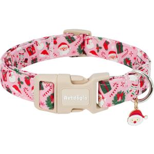 Christmas Dog Collar for Medium Dogs, Pink Cotton Medium Dog Collars with Santa & Snowman Pattern, Adjustable Holiday Dog Collars, Cute Winter Collar for Girl Boy Dogs (Jolly in Pink)