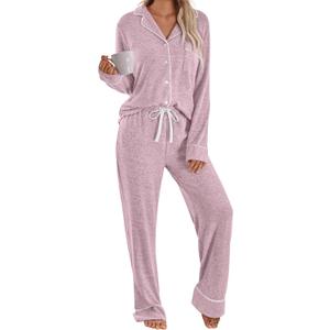 LILLUSORY Women's Long Sleeve Pajama Set - Soft Button-Down Top & Comfortable Drawstring Pants with Pockets (Medium, Coral)