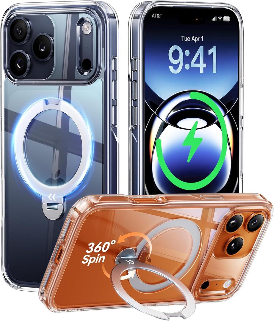 CASEKOO Clear for iPhone 17 Pro Max Case with 360 Spin Magnetic Stand[Fit for MagSafe][17FT Military Protection][Long-Lasting Clarity] Slim Polished Frame Titanium Alloy Sturdy Stand 6.9", Clear