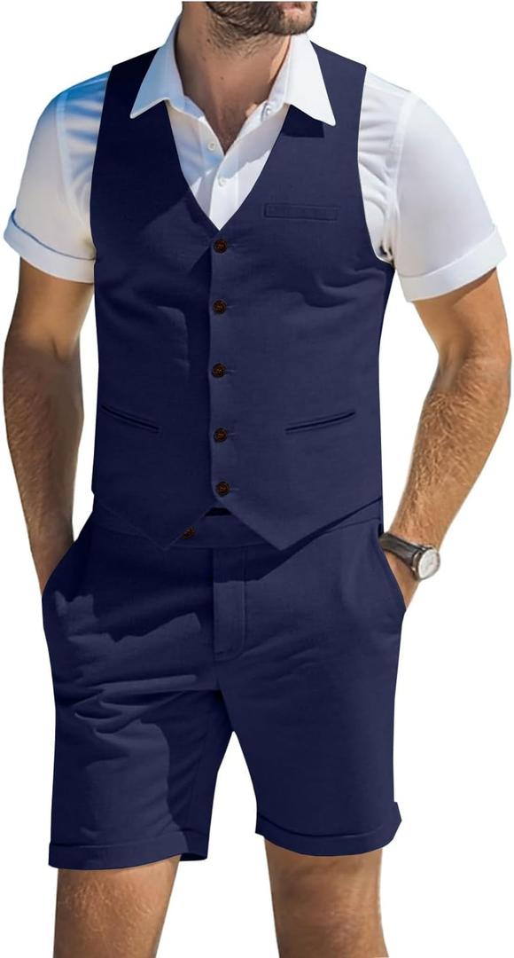 Men's Suit Linen 2 Piece Vests Short Pants Suits for Men Casual Summer Beach Groomsmen Wedding Waistcoat Set Outfit (Blue, XL)