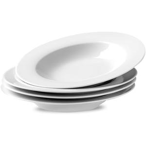 fMBB Ceramic Soup Bowls Shallow Plates, 4 Pack White Dinner Bowls Plates, Porcelain Wide Rim, 8.5 Inch (8.5 oz) Shallow Bowls - Ideal for Soup, Dessert, Salad and Pasta, Microwave and Dishwasher Safe