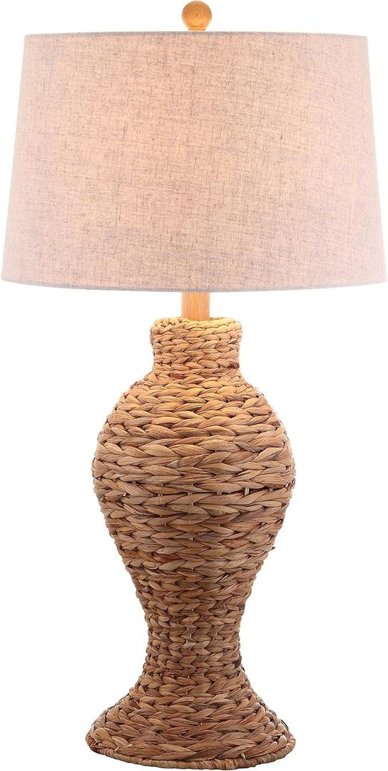 JONATHAN Y 31" Natural Woven Water Hyacinth Table Lamp for Living Room, Coastal Farmhouse Urn Bedside Lamp with Gray Linen Drum Shade, LED Bulb Included JYL1015A