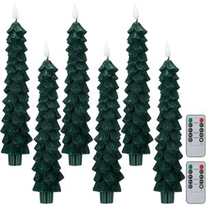 Funtery 6 Pcs LED Christmas Tree Flameless Taper Candles Real Wax Battery Operated Candlestick Lights with 3D Flame and Remote Timer Window Fireplace(Green,Christmas Tree)