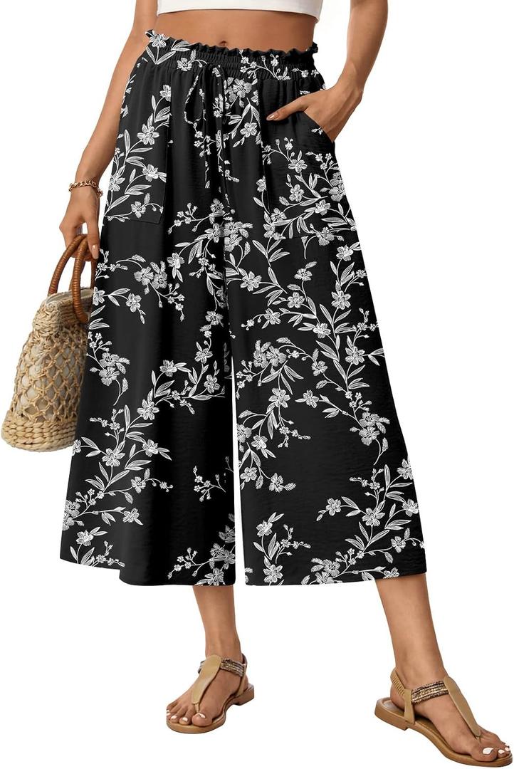 Anyhold Womens Capri Palazzo Pants Wide Leg Gaucho Pant Dressy Casual Culottes with Pockets (Black, L)