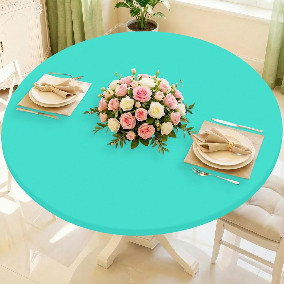 Round Spandex Tablecloth, Elastic Fitted Waterproof Tablecloths for 45"-56" Tables, Stretch Washable Picnic Table Cover for Camping, Dining, Indoor and Outdoor,Aqua Blue