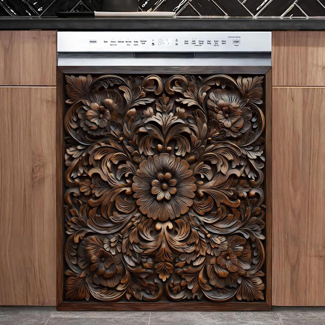 Dishwasher Cover Sticker 23x26 Inch, Rustic Dark Wood Carved Floral Relief Pattern Vinyl Decal, Waterproof Removable Dishwasher Door Wrap for Kitchen Appliance Decor(Brown), 23 inches x 25.5 inches