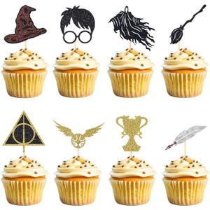 24 Pcs Black Magical Wizard Cupcake Toppers Gold Wizard Hat Flying Broomstick Cupcake Picks Magical School Theme Birthday Cake Decorations Party Supplies (Hp)