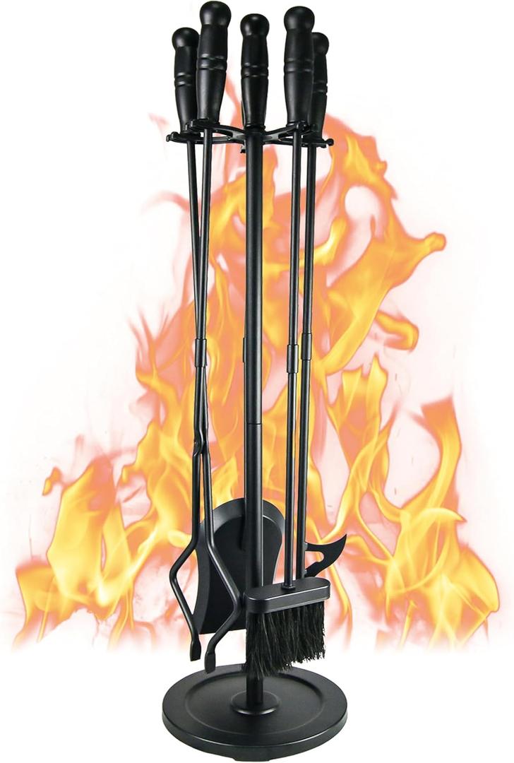Modern Fireplace Tools Set 5 Pcs Fireside Accessories Fire Kit Set Outdoor Fire Pit Tools with Poker Shovel Tongs Brush and Stand