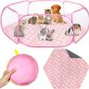 Hamster Playpen with Mat Small Animal Cage Tent Breathable Transparent Guinea Pig Playpen Waterproof Portable Yard Fence Mat Foldable Exercise Playpen Outdoor Indoor (Pink,Star)