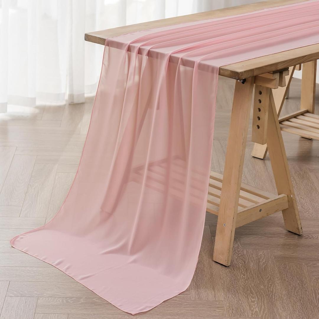 2 Pack 9ft Chiffon Table Runner 14x108 Inch Sheer Romantic Table Runner for Wedding Birthday Party Bridal Shower Outdoor Decoration-Light Pink