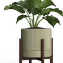 Ceramic Planter Pots Indoor with Drainage Hole & Saucer,Including Stand,7.3 Inch Mid-Century Modern Cylinder Plant Pot for Snake Flower Leaf Khaki
