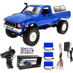 WPL C24 1/16 RC Rock Crawler 4x4 Truck with 3 Upgraded 1200mah Battery 2.4GHz Remote Control Off-Road Pick-up RTR for Men (Blue)