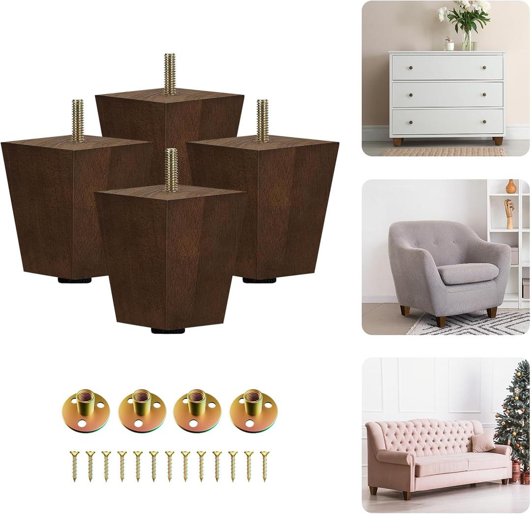 Yes4All 3 Inches Square Wood Furniture Legs Set of 4 - Wooden Replacement Feet for Couch - Adjustable Sofa, Ottomans Tapered Leg with Leveler - Brown Solid Wood Parts for Table, Chair