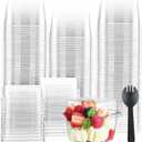 Tanlade 100 Sets 8 oz Clear Dessert Cups with Lids and Sporks Square Plastic Cups Disposable Parfait for Appetizer Mousse Fruit Oatmeal Party Serving