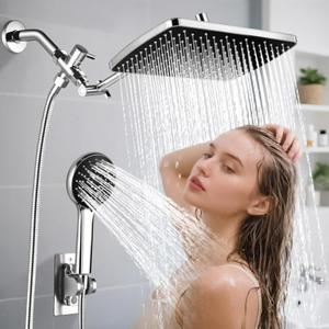 KHQF Rain Shower Head with Handheld Combo, Chrome Finish | 11.8" rainfall head, 3-mode handheld, adjustable arm, tool-free install, leak-free chrome, spa-like flow, multi-use spray