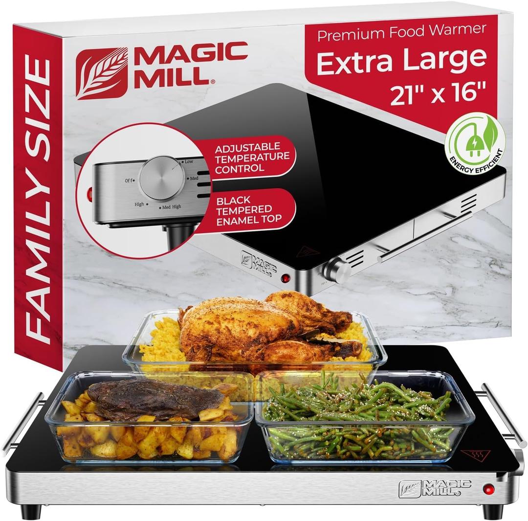 Magic Mill Premium-Grade Glass Food Warmer for Parties Buffet, XL Stainless Steel Modern Electric Warming Tray, Adjustable Temperature Control, Advanced Precision-Engineered Heating System Size-21x16