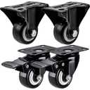 FactorDuty 4 Pack Combo 1.5 inch Caster Wheels 2 Rigid Non Swivel Fixed Stationery & 2 With Brake Swivel Plate All Black Polyurethane Wheels Non Marking No Noise 75lb Per Wheel