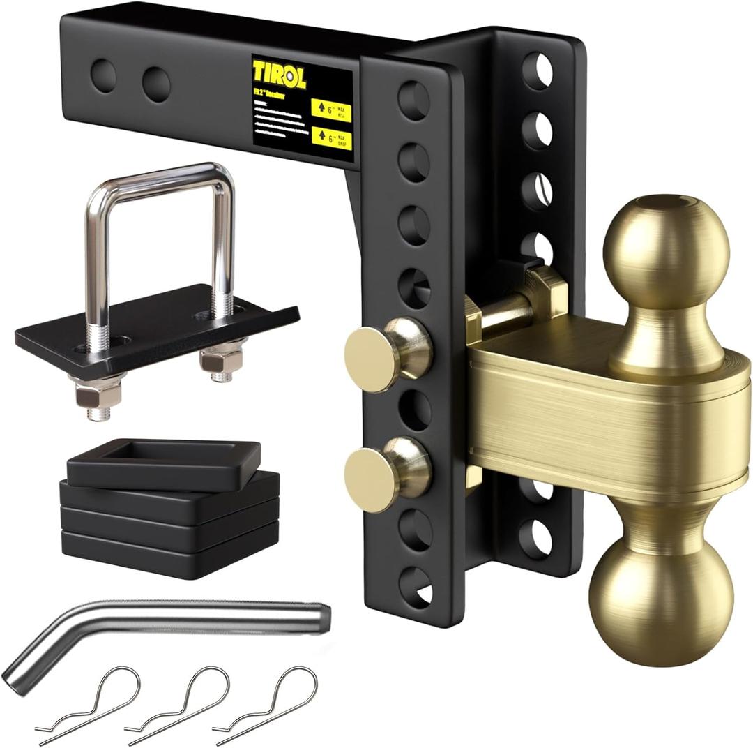 TIROL Adjustable Trailer Hitch 6 in Drop Hitch 2 inch Receiver 25000 LBS Heavy Duty Tow Hitch 6 inch Drop/Rise, 2" and 2-5/16" Dual Ball with Hitch Tightener for Trucks, RVs, Campers,6 Rise & Drop