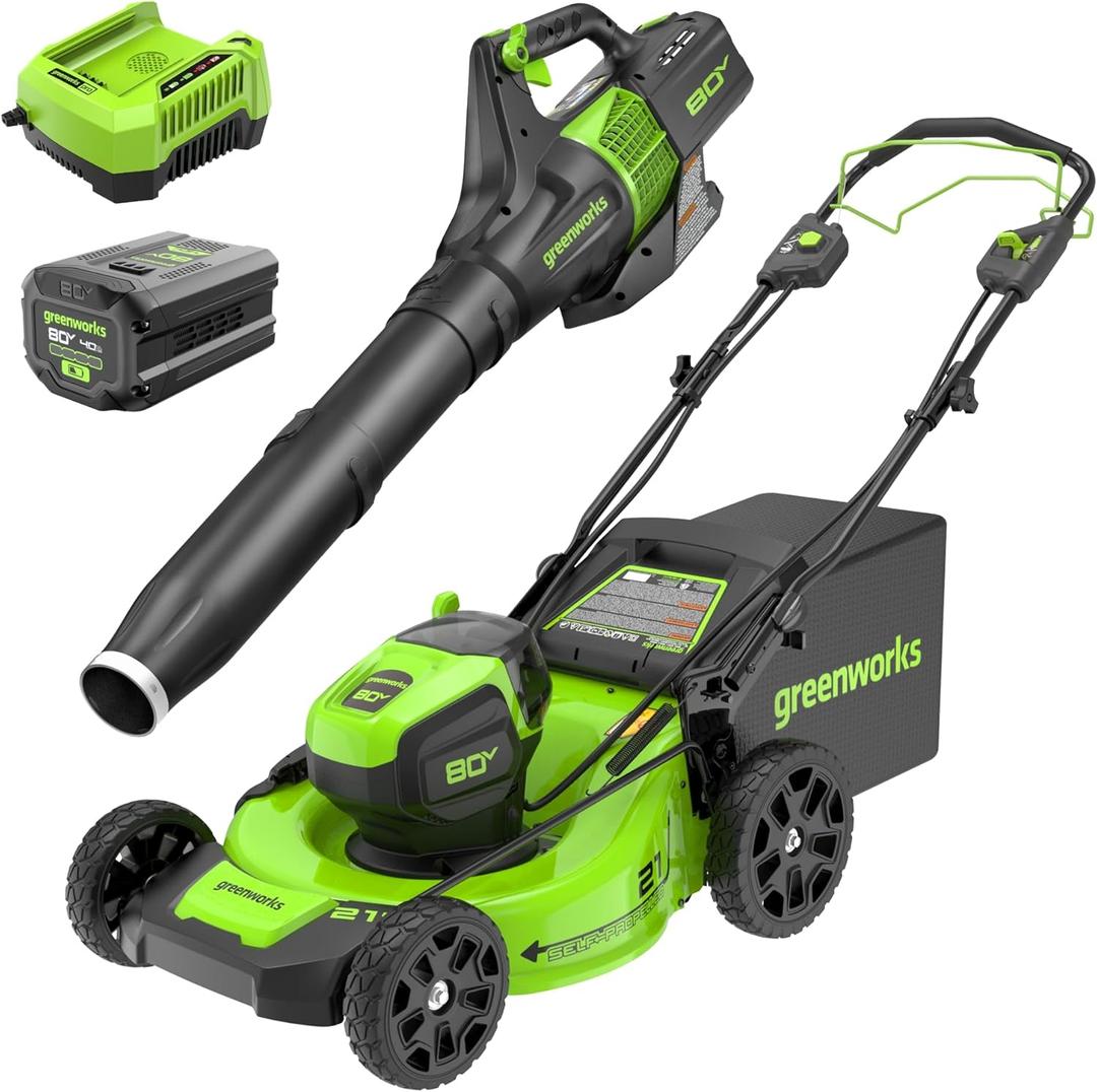 Greenworks 80V 21 Brushless (Self-Propelled) Cordless Electric Lawn Mower + (580 CFM) Axial Leaf Blower (75+ Compatible Tools), 4.0Ah Battery and 60 Minute Rapid Charger, Green and Black