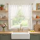 jinchan Belrose Linen Floral Cafe Curtains 45 Inch Length Embroidered Farmhouse Curtains for Kitchen Bedroom Bathroom Small Windows Curtain Set Light Filtering 2 Panels White