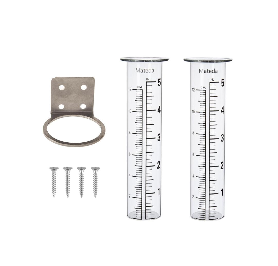 5 inch Capacity Rain Gauge with Stainless Steel Fence Mounting Rack Holder with 2 Pcs Replacement Tube Glass, Post Mount Rain Gauge for Yard Garden Outdoor Home