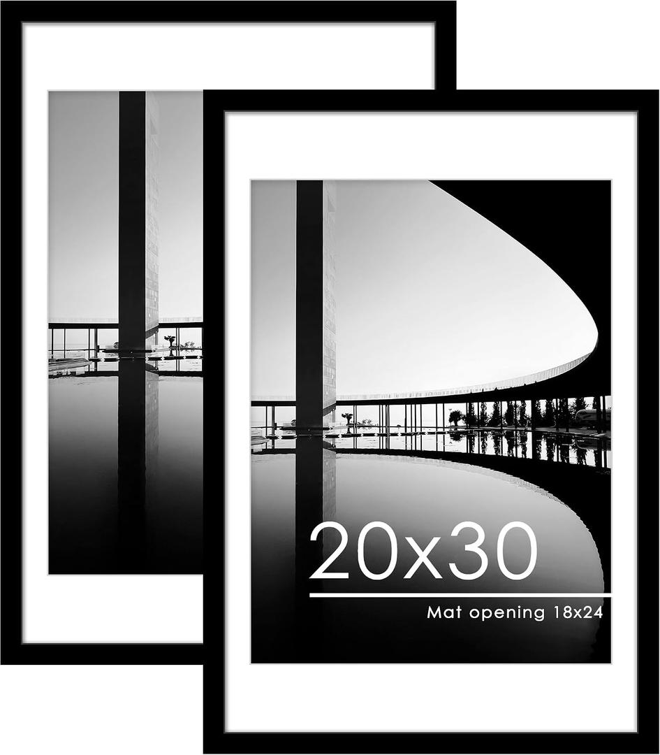 PEALSN 20x30 Picture Frame Set of 2, Display Pictures 18 x 24 with Mat or 20 x 30 without Mat for Wall Mounting Display, Poster Frames, Black