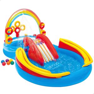 Intex 57453EP 9.75 Foot x 6.3 Foot x 53 Inch Multicolor Rainbow Slide Kids Inflatable Pool with Water Slide and Ring Toss for Children Ages 2 and Up, Multicolor, 117" x 76" x 53"
