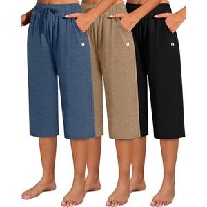 Neer Pack of 3 Women's Capri Pants, Cotton Wide Leg Basic Sweatpants Lounge Loose Fit Casual Drawstring Yoga Capris with Pockets (L, Mocha, Navy Blue, Gray)