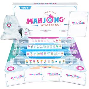 Mini Mahjong Set for Kids & Beginners, Portable Travel Mahjong Tiles Set American, 160 Acrylic Mini Mahjong Tiles with Carrying Bag, Mat, Racks, Mah Jong Starter Kit for Ages 6+ (Blue)