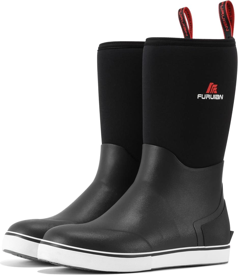 Furuian Men's Deck Boots Mid Calf Fishing Boots Rubber Boots for Men Waterproof Work Boots Longshore Durable Anti Slip Rain Boots (11, Black)
