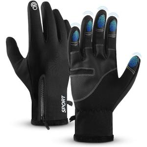 AURUZA Winter Gloves Men Women, Zipper Cycling Gloves Touch Screen, Windproof Warm Gloves Cold Weather, Anti-Slip Gloves (Large, Black)