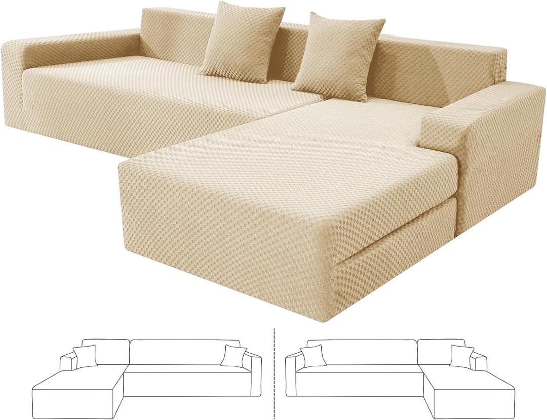 ZNSAYOTX Sectional Couch Covers, Stretch Jacquard Slipcovers with Elastic Bottom for L-Shape Sectional Sofa, 2 Pcs Pet Friendly Modular Sofa Protector (3 Seat Couch + 2 Seat Chaise, Light Beige)