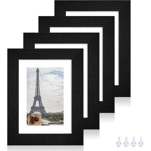 Hongkee 5x7 Picture Frame Set of 4, Made of Real Glass and Rustic Black Wooden Frame, 5 by 7 Photo for Wall or Tabletop - Display Picture 4x6 with Mat or 5x7 Without Mat