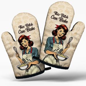 Funny Vintage Lady Cooking and Baking BBQ Kitchen Gadgets with Heat Resistant Silicone Non-Slip, This Bxxch Can Bake Oven Mitts Set of 2, Gifts for Mom Hostess Bake Lover Chef Wife Sister Colleague