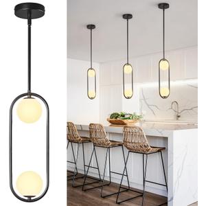 Modern Black Globe Pendant Light Mid Century Chandelier 2-Light Ceiling Hanging Lighting Fixture with White Globe Glass Lampshade for Kitchen Island Dining Room Bedroom (3 Pack)