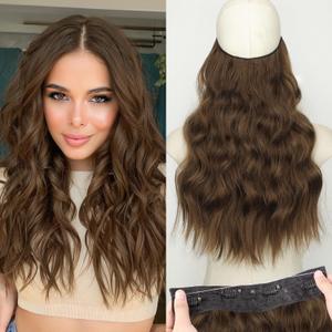 KooKaStyle Invisible Wire Hair Extensions with Transparent Headband Adjustable Size 4 Secure Clips Long Wavy Secret Wire Hairpiece for Women (16 Inch, Chestnut Brown)