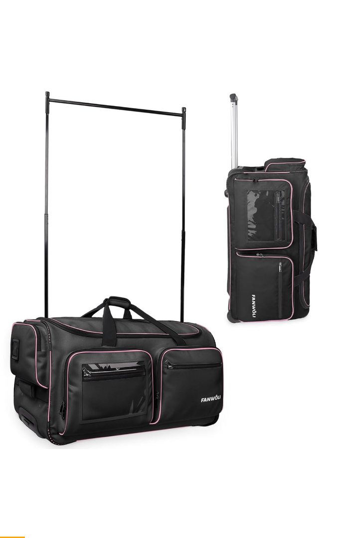 Fanwoli 28" Dance Bag with Garment Rack | Upgraded Stable System & Fabric | More Lightweight & Wear-Resistant | Ideal Competition Rolling Duffle Bag | Black/Pink Trim