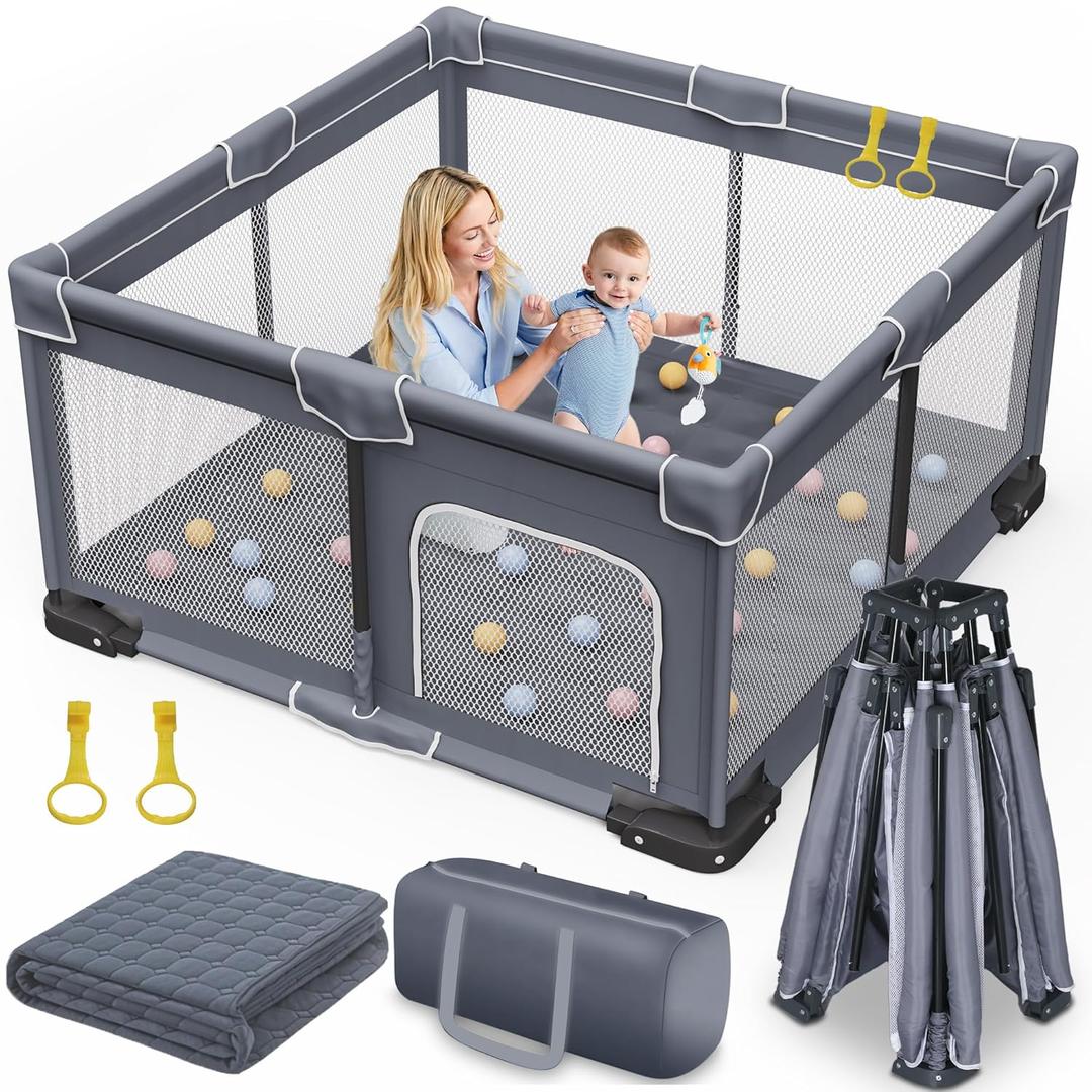 Foldable Baby Play Pen with Mat, 50''x50'' Playpen for Babies and Toddlers, Playpen for Baby with Gate, Breathable,Foldable Travel Play Pen