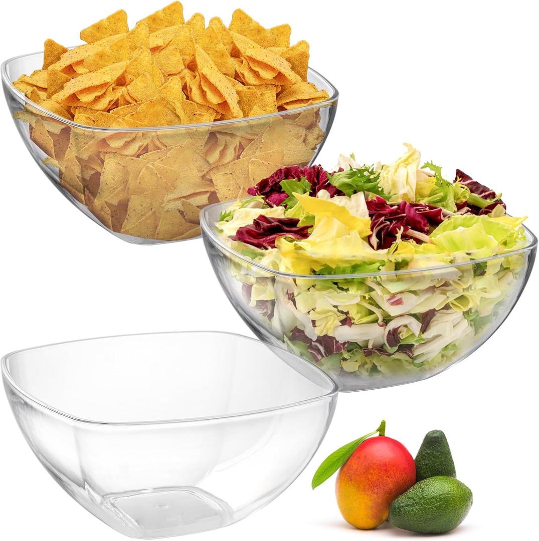 TOPZEA Set of 3 Clear Plastic Serving Bowls for Party, 94oz Acrylic Large Salad Mixing Bowl Set Kitchen Reusable Snacks Bowl for Fruit Chips Dips Popcorn, Break-Resistant