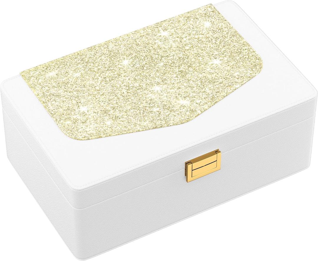 DreamGenius Jewelry Box for Women with Elegant Glitter Design, 2-Layer Jewelry Organizers and Storage with Removable Tray for Necklaces and Earrings Holder, White