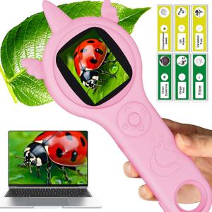 Daxiongmao Microscope for Kids, 4X Handheld Kids Microscope with 8 Adjustable LED Lights, 2'' LCD Screen Mini Portable Microscope for Kids 8-12Microscope for Kids, Pink, XWJ-355-PINK