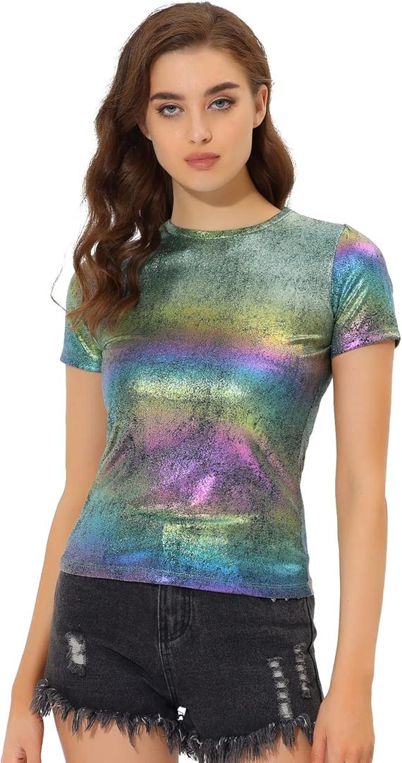 Allegra K Women's 80s Disco Outfit Party Club Sparkly Rainbow Metallic Top (Green), XS