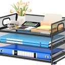 Subekyu 3 Tier Paper Letter Tray Organizer for Desk, Black Metal Mesh Desk File Folder Sorter Organizer with Handle and Sliding Tray for Home, Office, School Supplies Organization Storage (12.6" x 9.1" x 8.1")