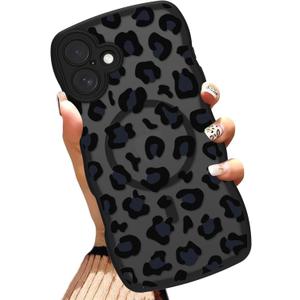 OOK Magnetic Case Fit for iPhone 16 Plus 6.7 Inch (Compatible with MagSafe) Curly Wave Frame Phone Cover with Black Leopard Print Anti-Scratch Shockproof Protection Case for Women Men - Black