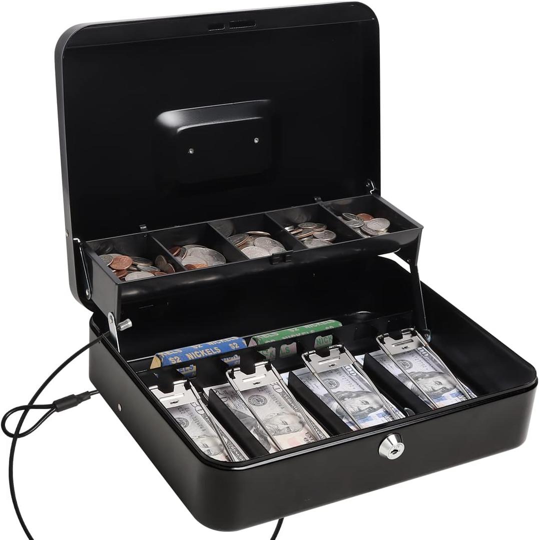 Cash Box with Key Lock,Locking Box Safe Storage Security Locker with Security Cable,Durable Metal Cash Box with Money TrayBlack